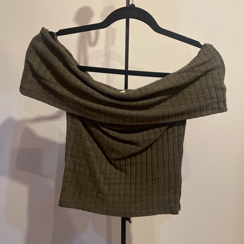 Express Army Green Ribbed Knit Off The Shoulder Top Medium